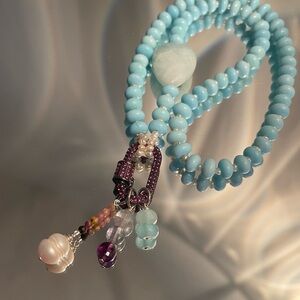 Chalcedony + Pearls + Gems + Blue Beads Carabiner Necklace OOAK.
